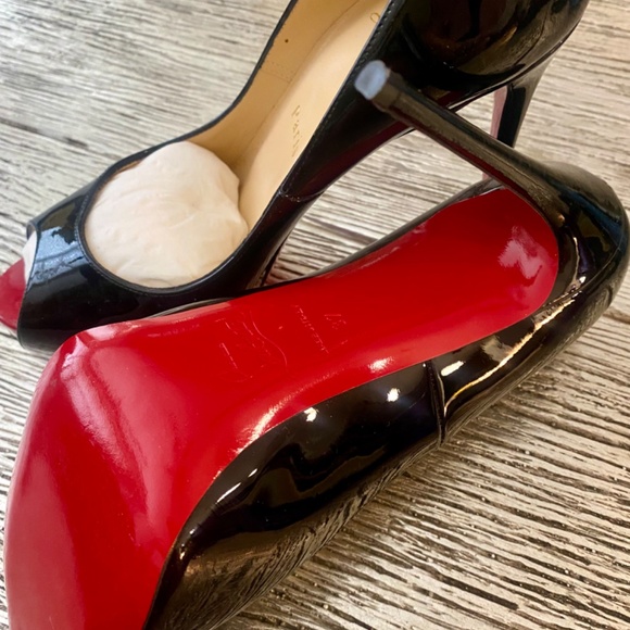 AUTHENTIC CHRISTIAN LOUBOUTIN NEW VERY PRIVE 120 BLACK PATENT HEELS OPEN TOE - Picture 12 of 16